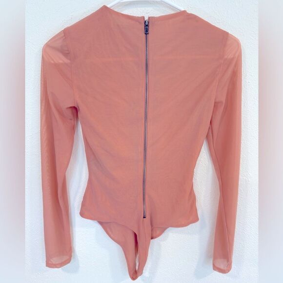 Alice + Olivia Sheer Mesh Bodysuit Top | Nude Salmon Pink Long Sleeve Snap Thong - Picture 4 of 4